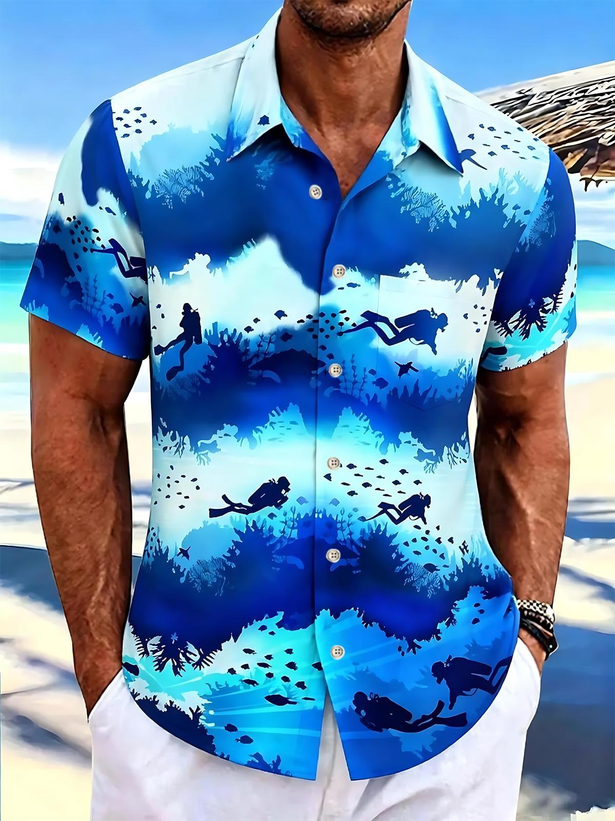 Ocean Diver Print Men's Pocket Short Sleeve Shirts