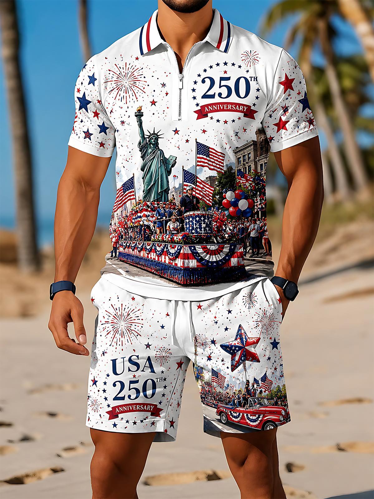 Independence Day USA 250th Anniversary Statue Of Liberty Parade Men's Short Sleeve Zipper Polo