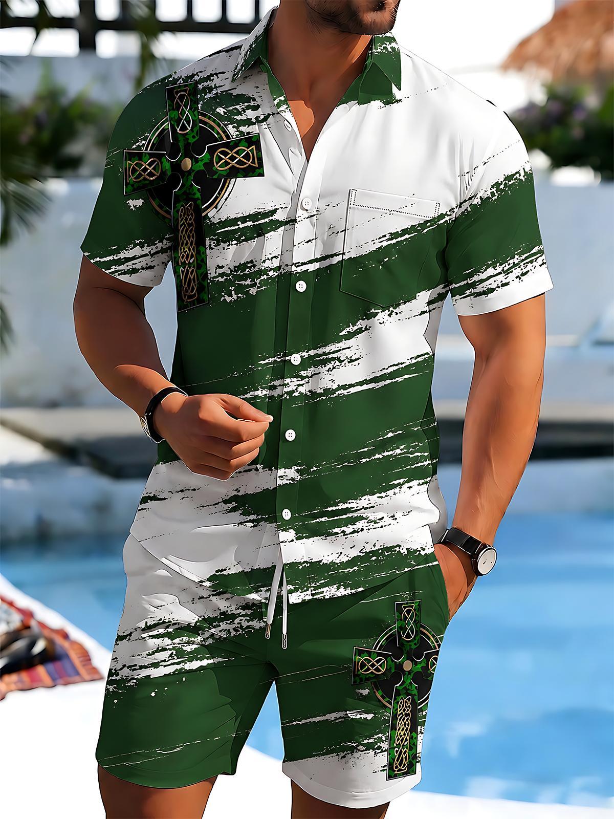 Men's Short Sleeve Pocket Shirts And Shorts Set