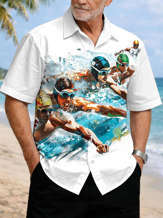 Swimmer Print Men's Pocket Short Sleeve Shirts