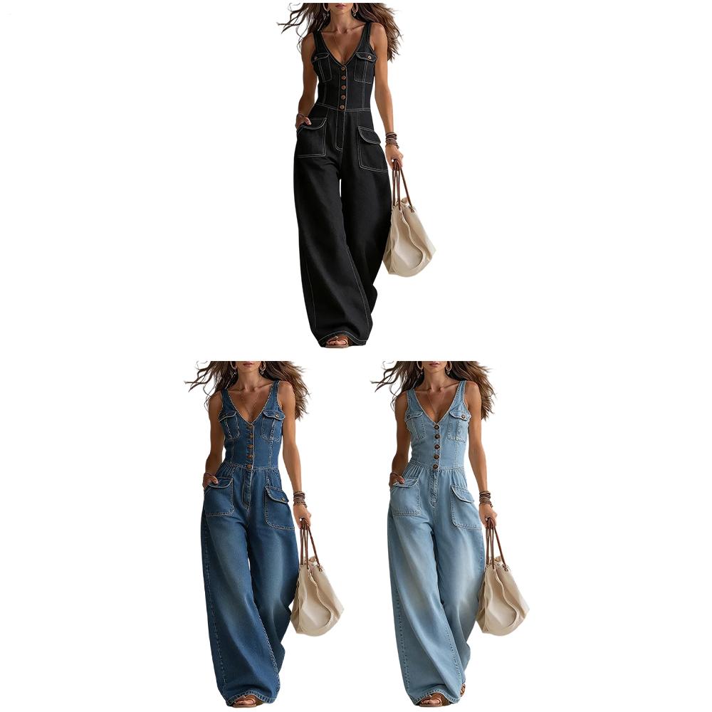 Denim Jumpsuits for Women V Neck Mid Waist Denim Sleeveless Wide Leg Jumpsuit with Pocket for Daily Wear unusual