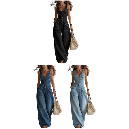 Denim Jumpsuits for Women V Neck Mid Waist Denim Sleeveless Wide Leg Jumpsuit with Pocket for Daily Wear unusual