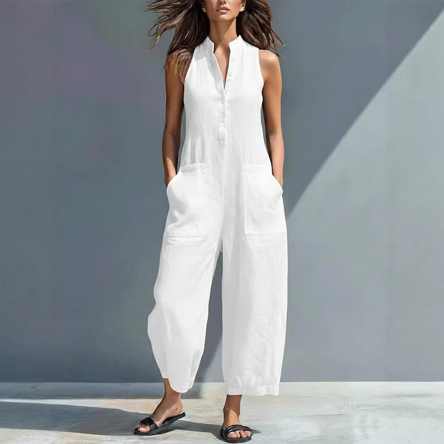 Sleeveless Jumpsuits for Women Button Front Stand Collar Sleeveless Loose Wide Leg Jumpsuit for Vacation charmingly