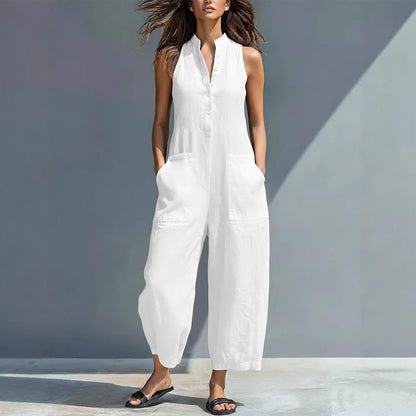 Sleeveless Jumpsuits for Women Button Front Stand Collar Sleeveless Loose Wide Leg Jumpsuit for Vacation charmingly