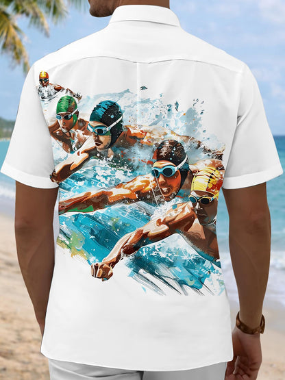 Swimmer Print Men's Pocket Short Sleeve Shirts