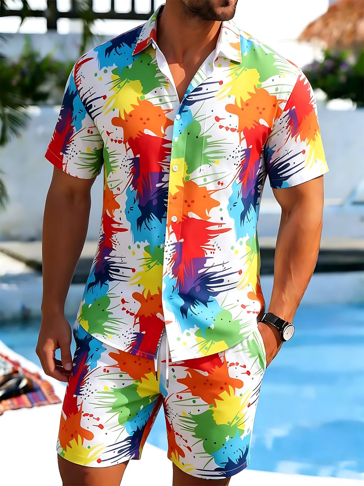 Tie Dye Print Men's Short Sleeve Pocket Shirts And Shorts Set
