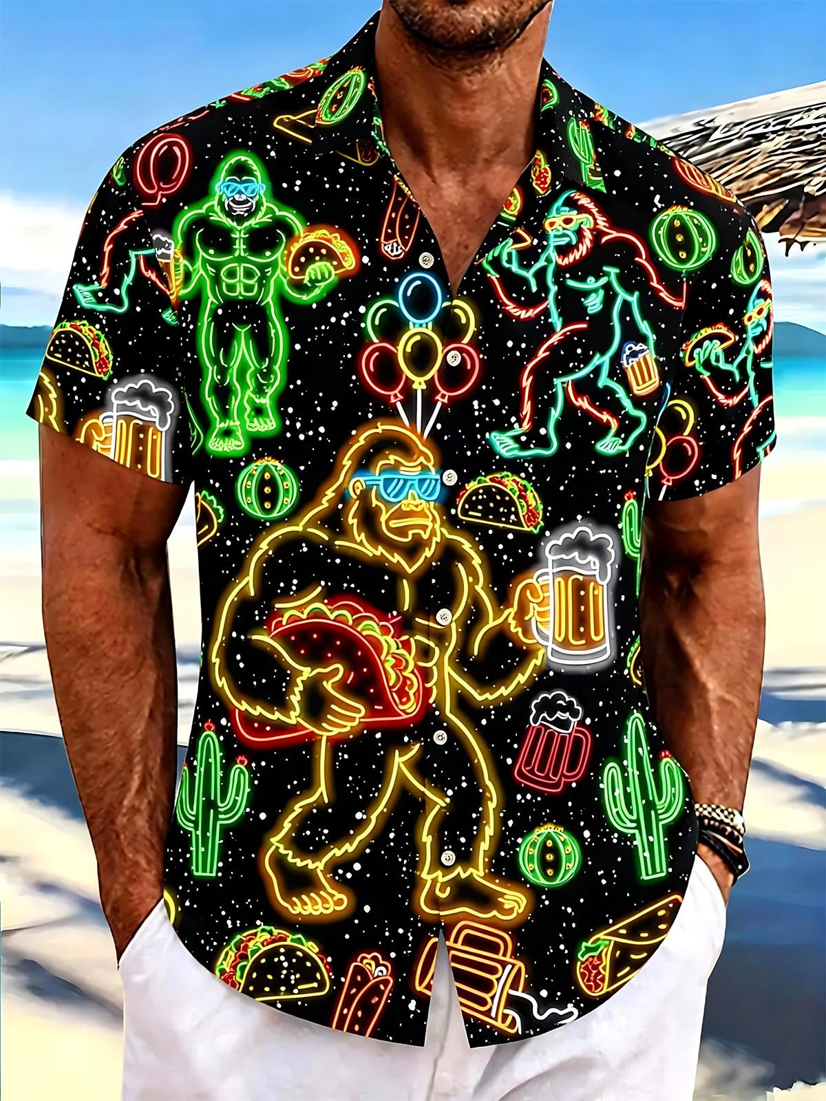 Neon Bigfoot Beer Taco Hawaiian Print Men's Pocket Short Sleeve Shirts