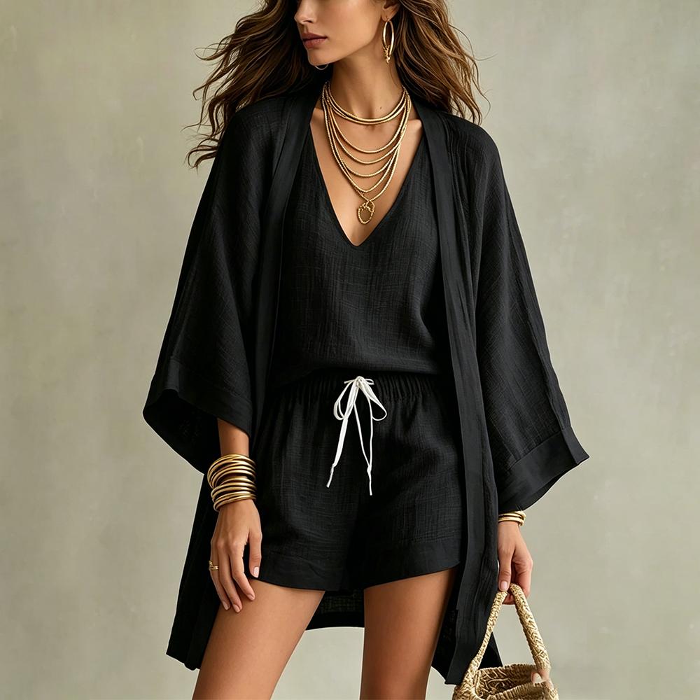Womens 3 Piece Lounge Sets Breathable Loose Cardigan Sleeveless Tank Top Drawstring Shorts Sets for Travel elegant