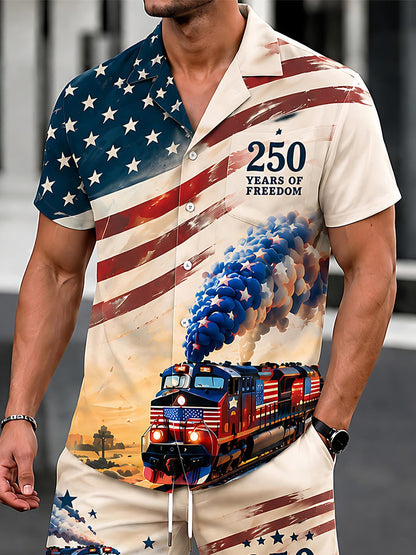 USA 250th Anniversary Train Independence Day Men's Pocket Short Sleeve Shirts