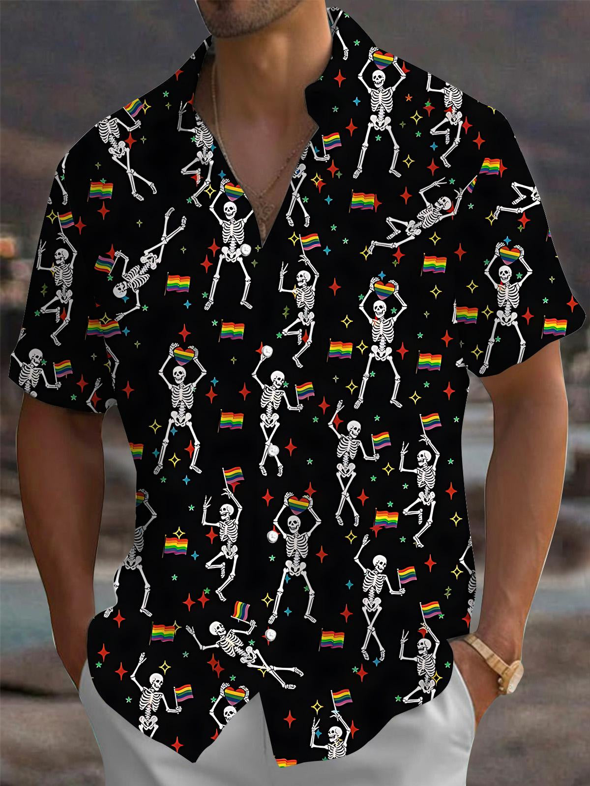 Skull Print Men's Pocket Short Sleeve Shirts