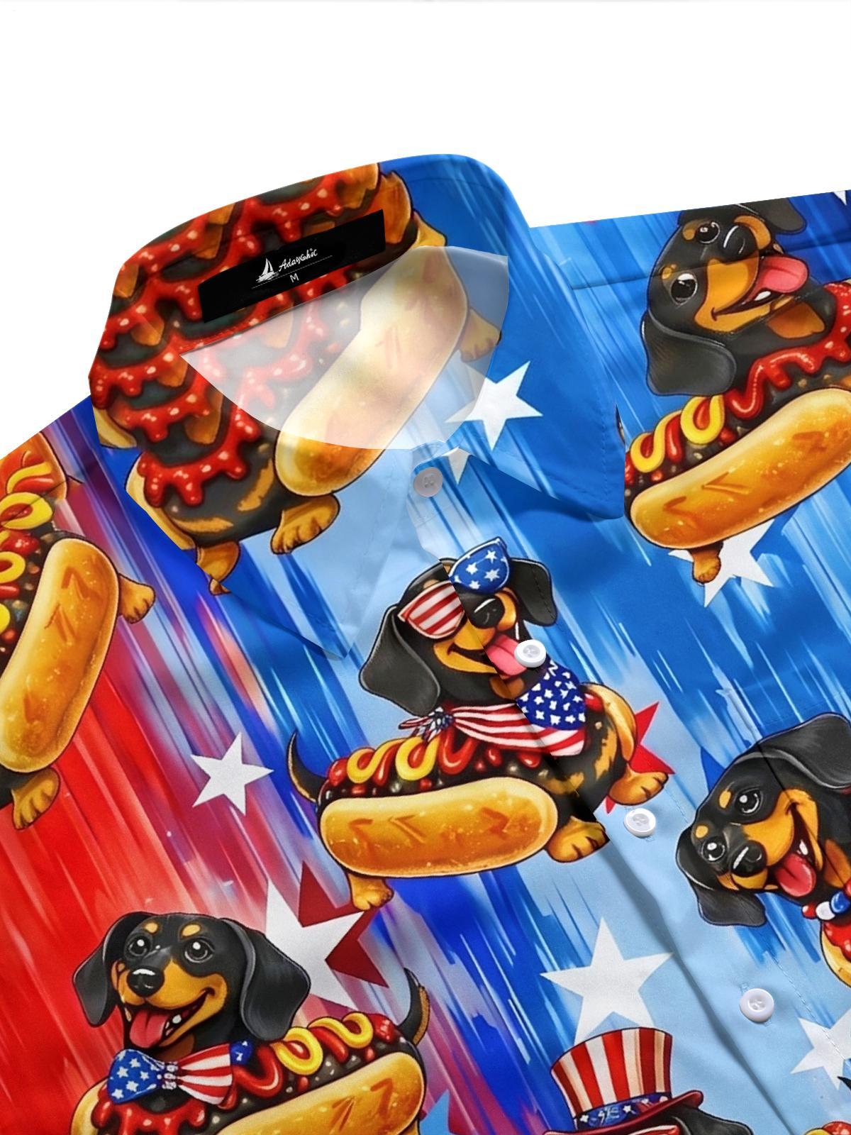 Independence Day American Flag Dachshund Hot Dog Print Men's Pocket Short Sleeve Shirts
