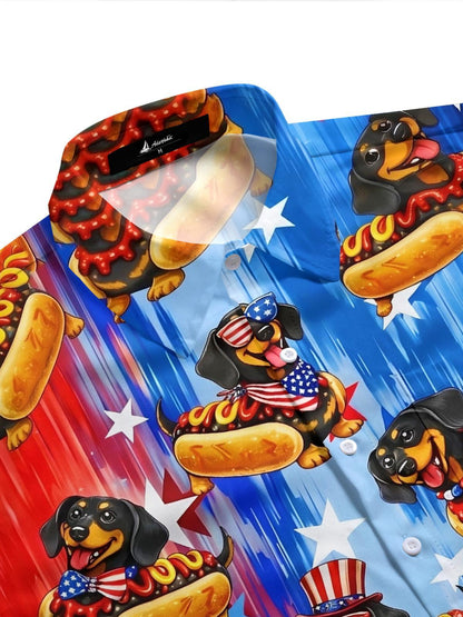 Independence Day American Flag Dachshund Hot Dog Print Men's Pocket Short Sleeve Shirts