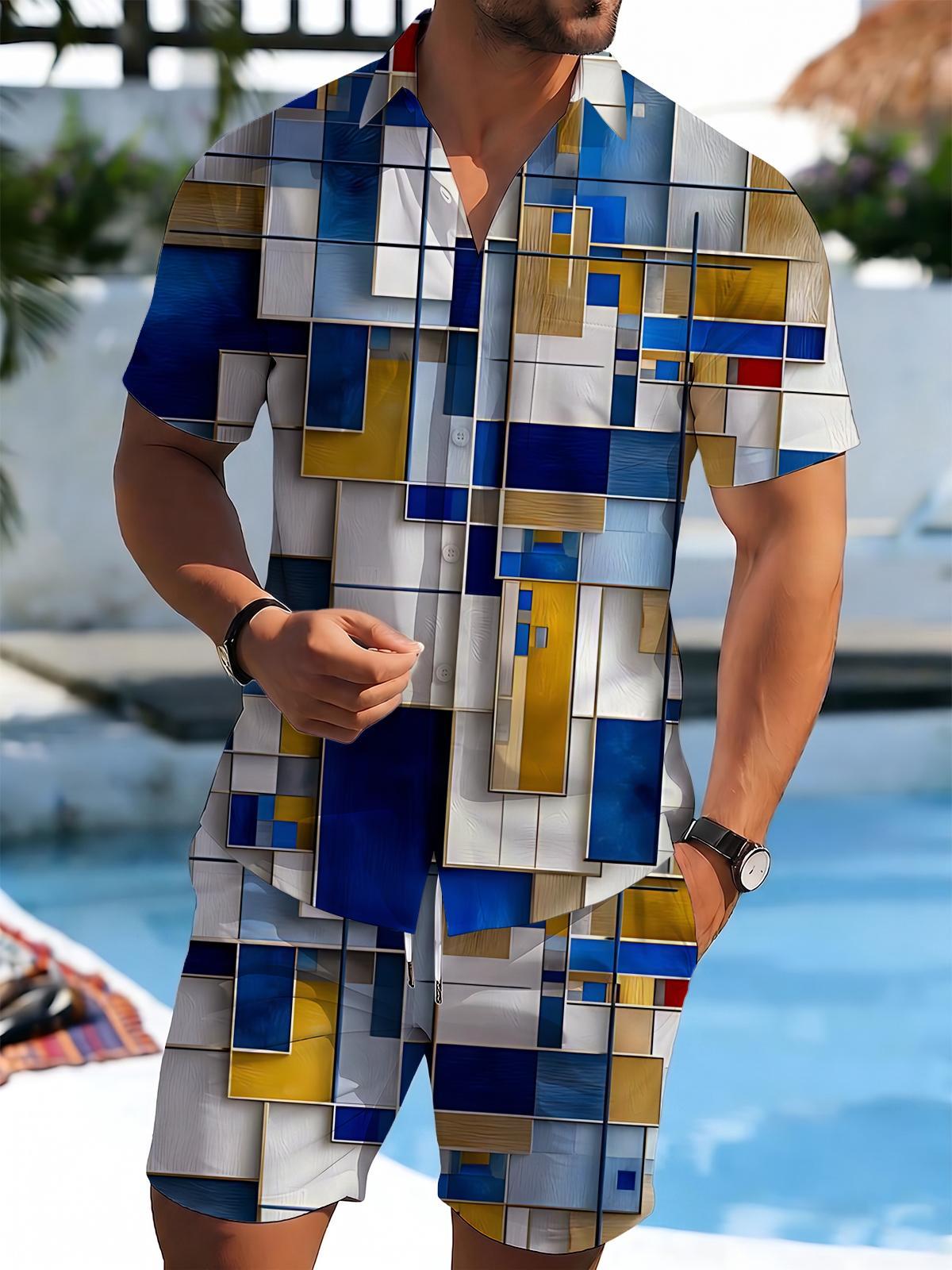 Geometric Print Men's Short Sleeve Pocket Shirts And Shorts Set