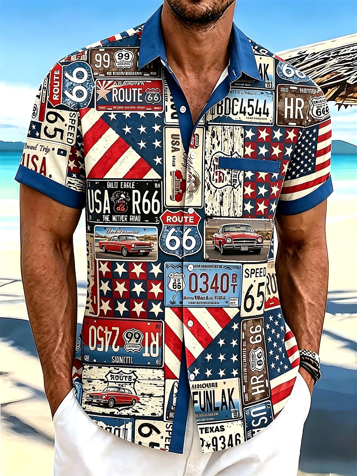 Vintage Route 66 License Plate Classic Car Star-Spangled Banner Independence Day Men's Pocket Short Sleeve Shirts