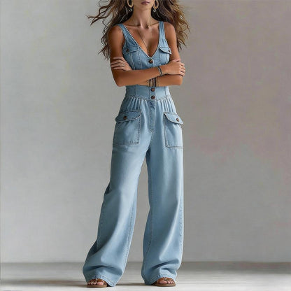 Denim Jumpsuits for Women V Neck Mid Waist Denim Sleeveless Wide Leg Jumpsuit with Pocket for Daily Wear unusual