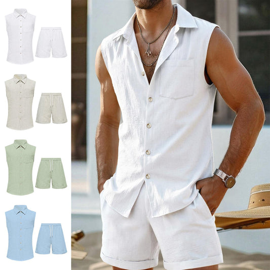 Mens 2 Piece Short Set Sleeveless Collared Button Down Vest with Shorts Casual Vacation Outfits Daily Wear clever