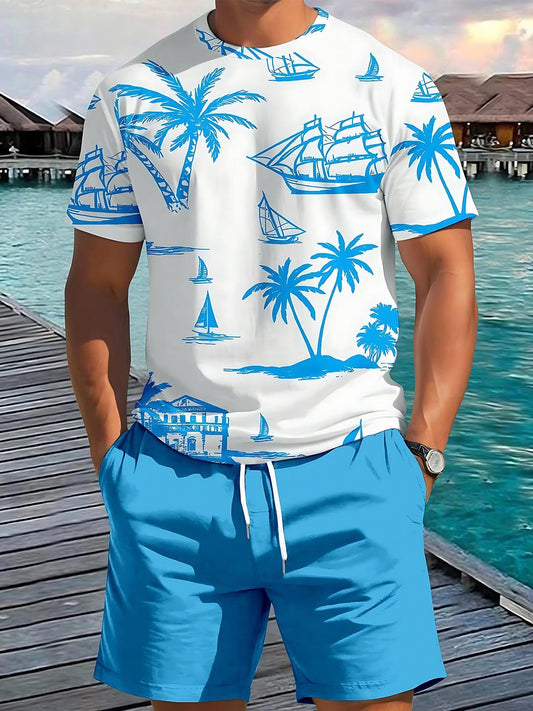 Hawaiian Coconut Trees Boat Men's Short Sleeve Round Neck T-shirt And Shorts Set