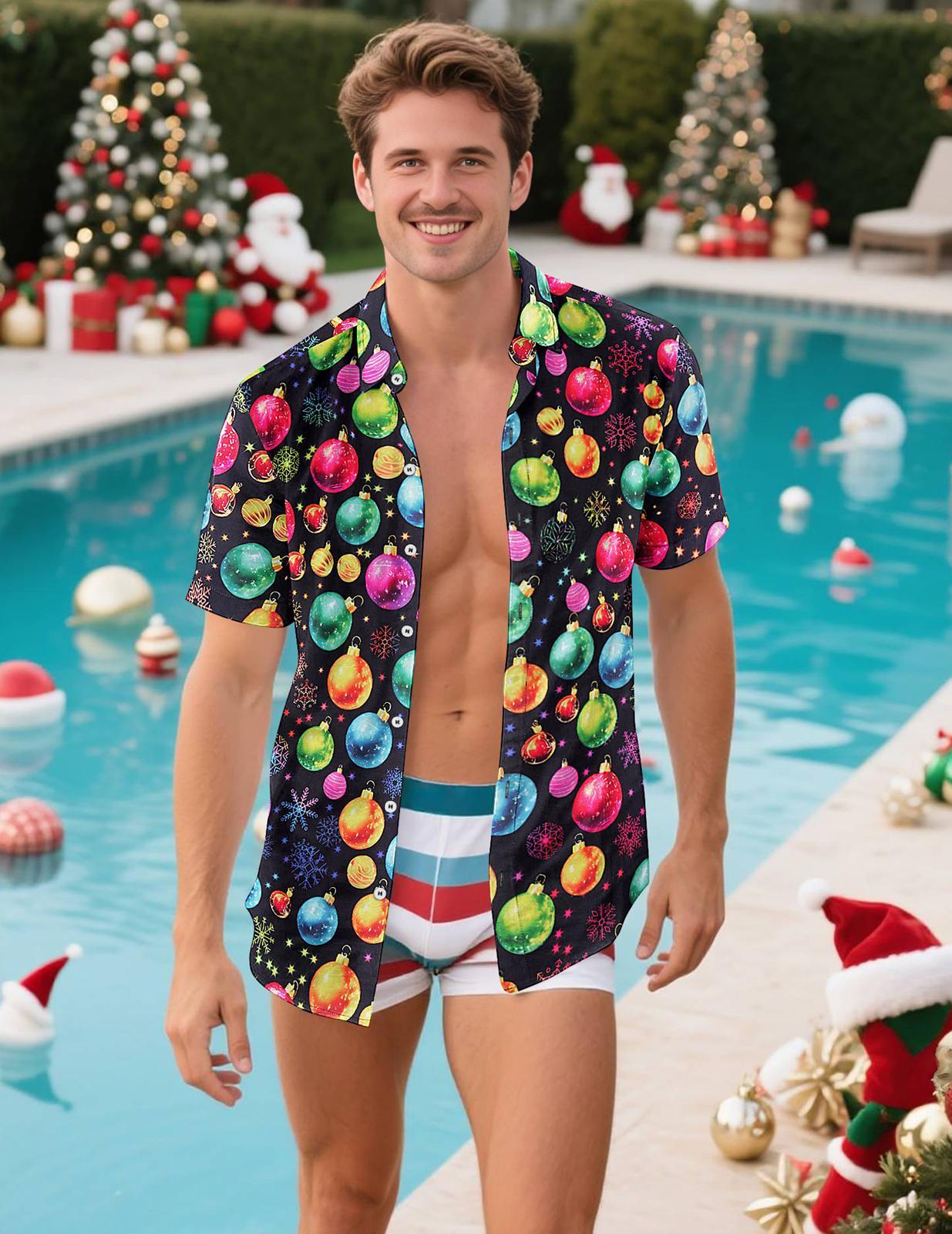 Christmas Hawaiian Shirts for Men Christmas Ball Funny Fashion Holiday Shirt Loose Fit Casual Clothes for Daily Wear well-liked