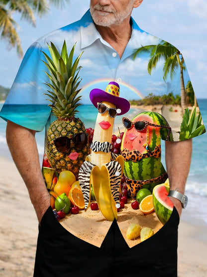 Fun Hawaiian Beach Party Anthropomorphic Fruit Men's Pocket Short Sleeve Shirts