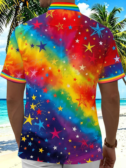 Pride Month Colorful Gradient Stars American Flag Men's Pocket Short Sleeve Shirts