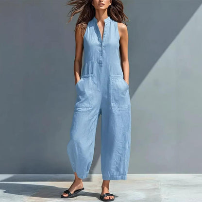 Sleeveless Jumpsuits for Women Button Front Stand Collar Sleeveless Loose Wide Leg Jumpsuit for Vacation charmingly