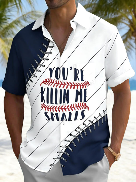 Baseball Letter Print Men's Pocket Short Sleeve Shirts