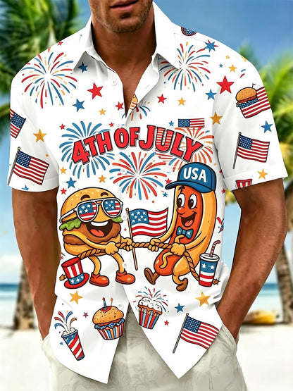 Independence Day 4Th Of July Hamburger And Hot Dog Fun Tug-Of-War Men's Pocket Short Sleeve Shirts