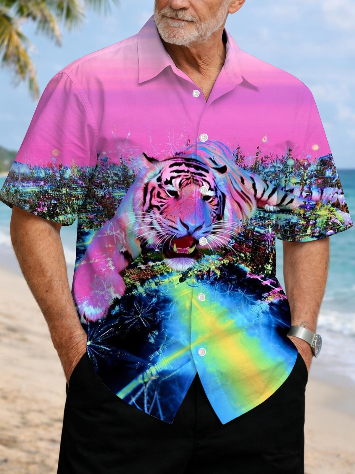 Tiger Print Men's Pocket Short Sleeve Shirts