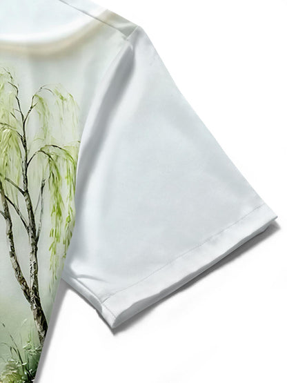 Lotus Pond Landscape Print Men's Pocket Short Sleeve Shirts