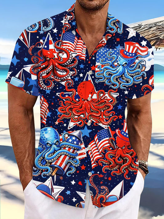 Independence Day Octopus American Flag Print Men's Pocket Short Sleeve Shirts