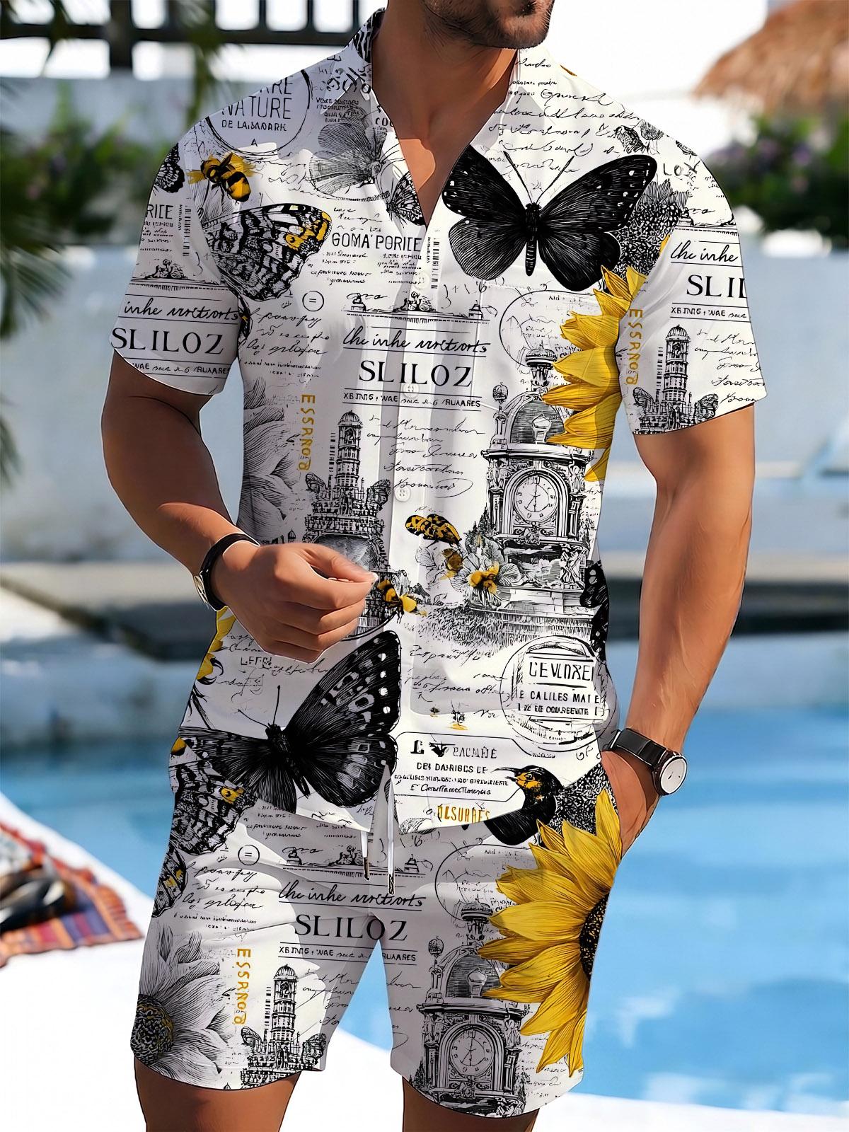 Butterfly Sunflower Letter Print Men's Short Sleeve Pocket Shirts And Shorts Set