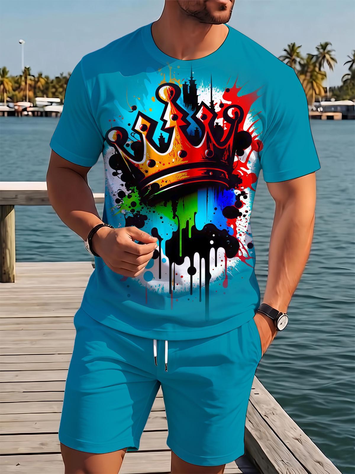 Crown Print Men's Short Sleeve Round Neck T-shirt And Shorts Set