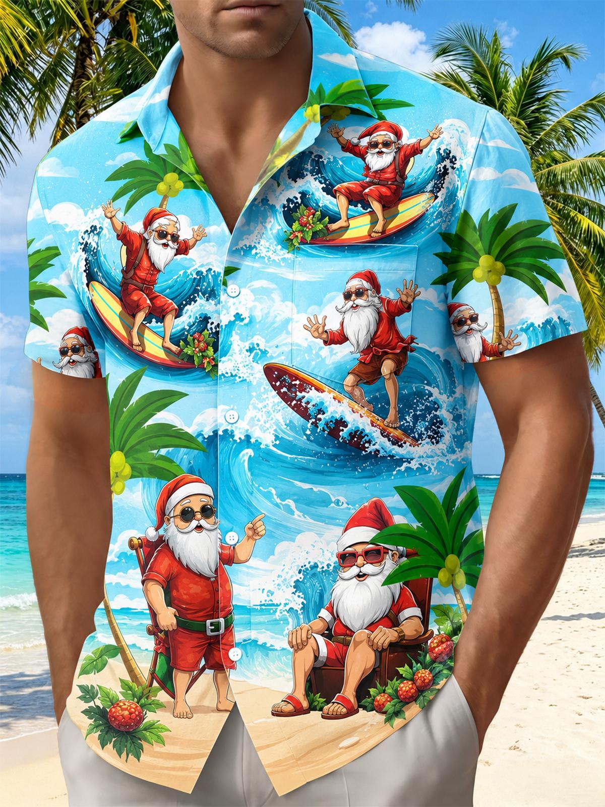 Fun Hawaiian Surfing Summer Santa Christmas Holiday Men's Pocket Short Sleeve Shirts