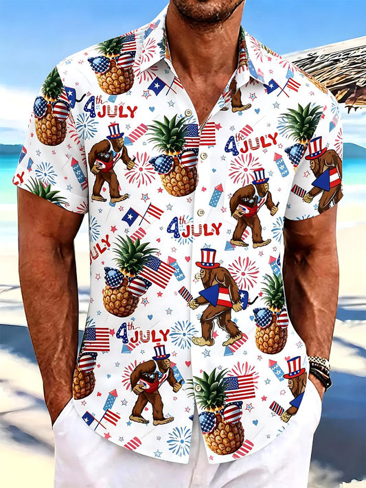 Independence Day Bigfoot Pineapple American Flag Print Men's Pocket Short Sleeve Shirts