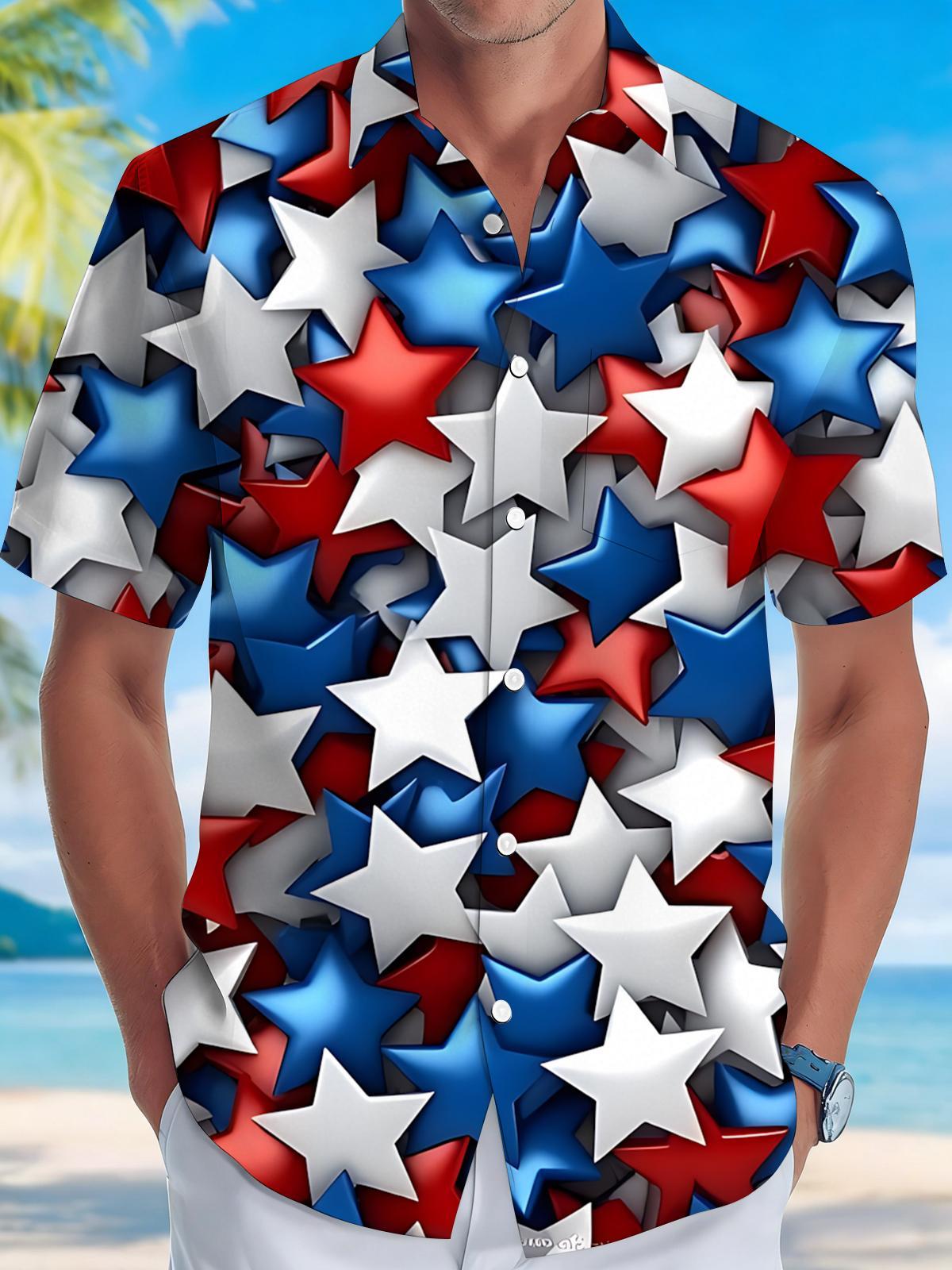 Independence Day Star Print Men's Pocket Short Sleeve Shirts