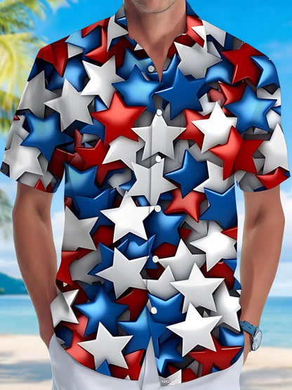 Independence Day Star Print Men's Pocket Short Sleeve Shirts
