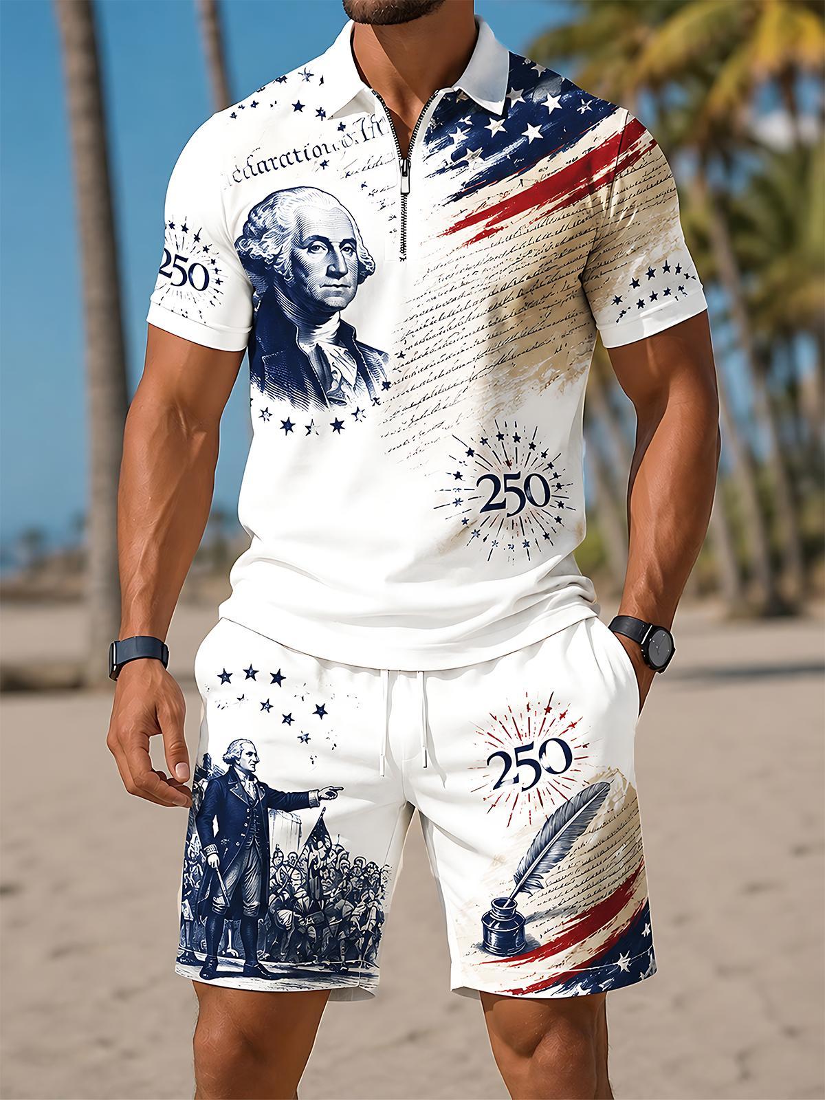 USA 250th Anniversary Independence Day Founding Father Washington Independence Declaration Men's Short Sleeve Zipper Polo