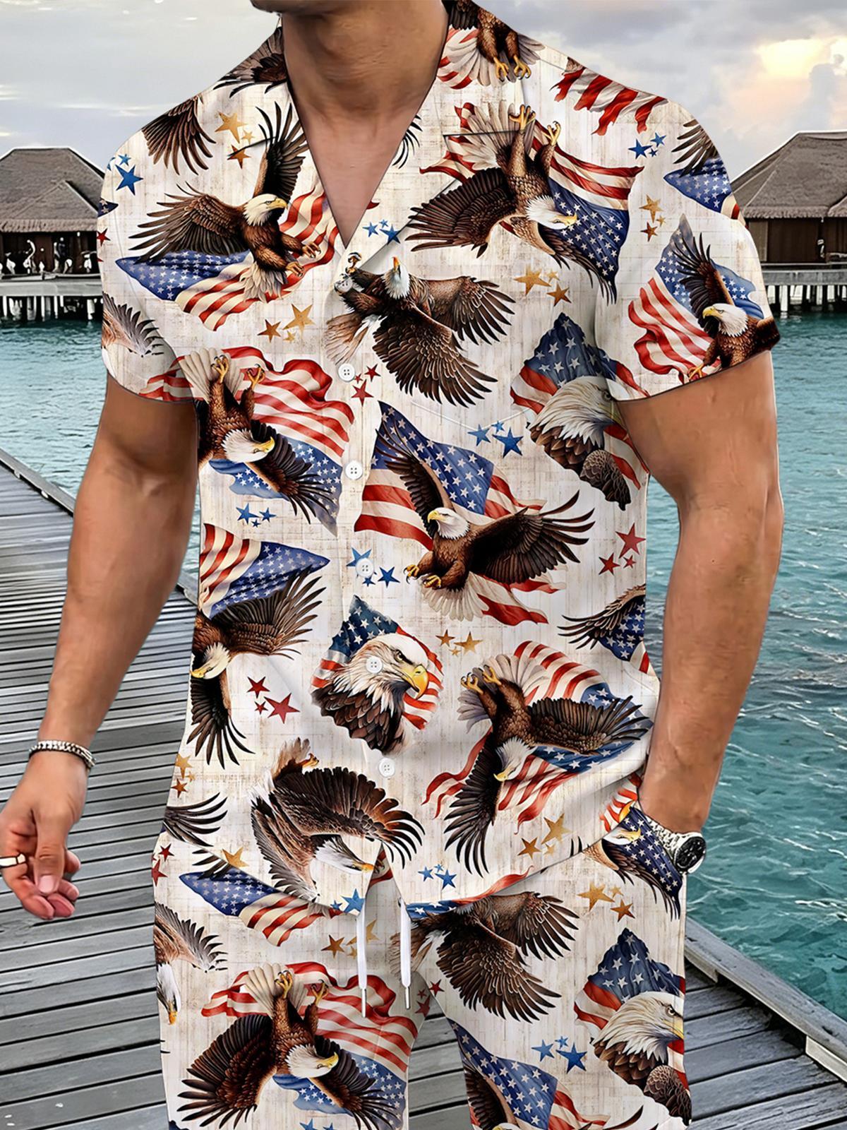 Independence Day American Flag Eagle Men's Pocket Short Sleeve Shirts