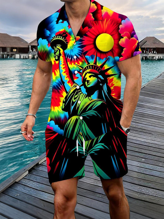 The Statue Of Liberty Tie Dye Men's Pocket Short Sleeve Sets
