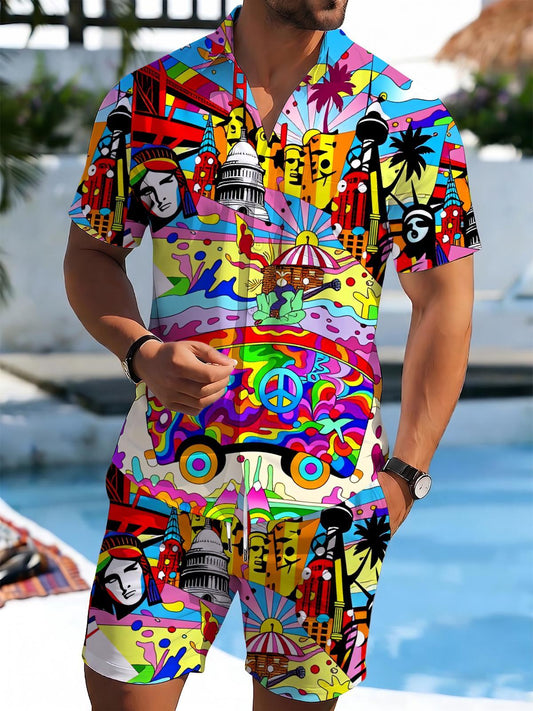 Hippie Print Men's Short Sleeve Pocket Shirts And Shorts Set