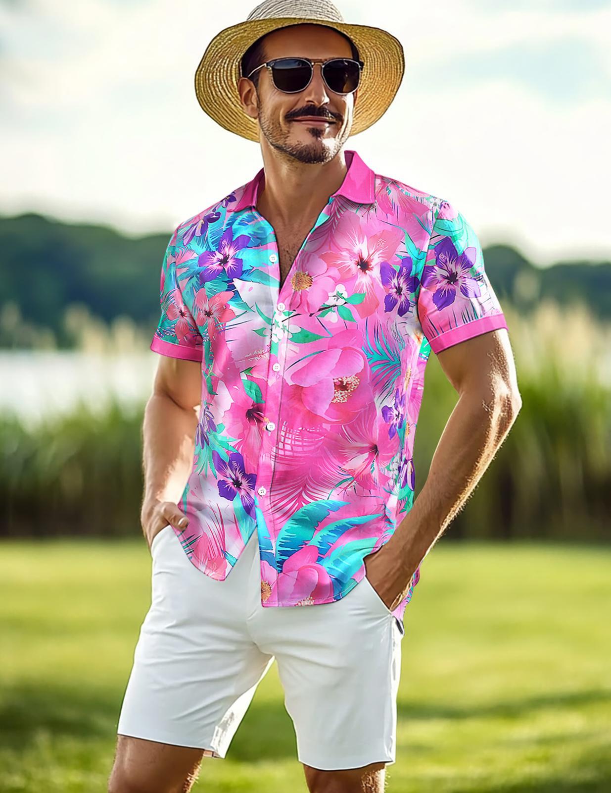 Mens Hawaiian Shirt Flower Print Casual Shirts Short Sleeve Beach Vacation Clothes for Travel Vacation Summer Beach fine
