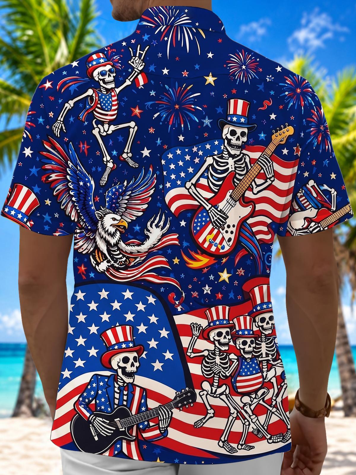 USA Flag Skeleton Guitar Eagle Independence Day Men's Pocket Short Sleeve Shirts