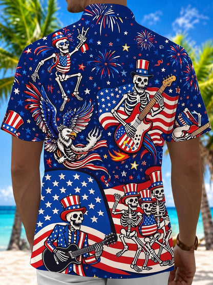 USA Flag Skeleton Guitar Eagle Independence Day Men's Pocket Short Sleeve Shirts