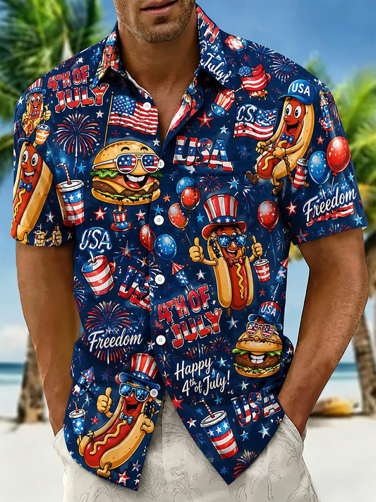 Fun USA Independence Day Hot Dog Hamburger Men's Pocket Short Sleeve Shirts