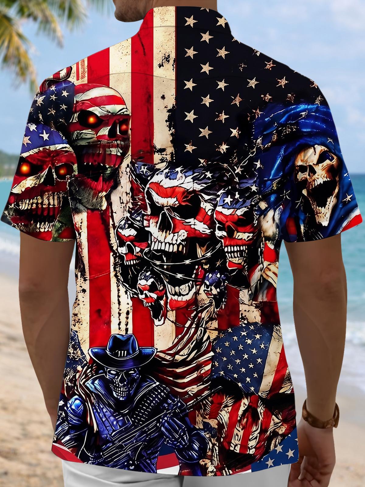 Dark American Flag Skull Independence Day Men's Pocket Short Sleeve Shirts
