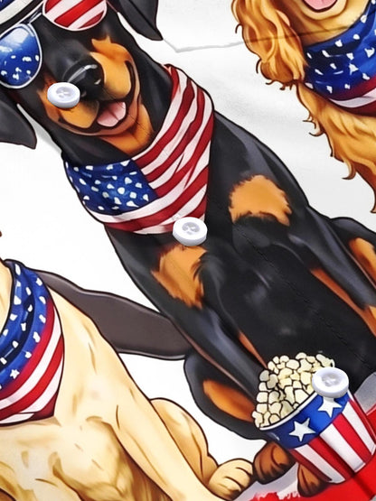 Independence Day American Flag Dog Print Men's Pocket Short Sleeve Shirts
