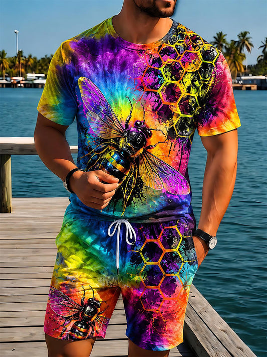 Colorful Tie-Dye Rainbow Bee Honeycomb Men's Short Sleeve Round Neck T-shirt And Shorts Set