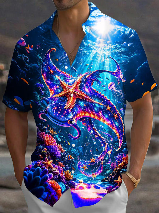 Deep Sea Fluorescent Manta Ray Starfish Coral Men's Pocket Short Sleeve Shirts