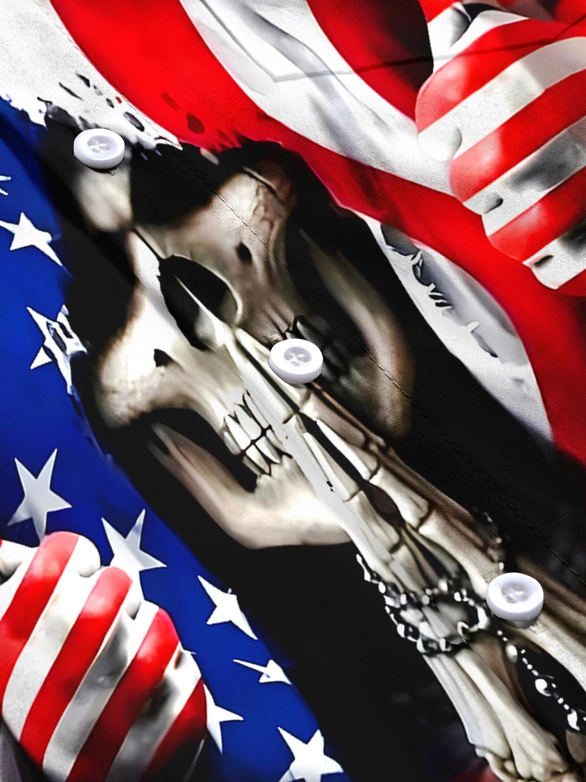Independence Skull American Flag Men's Pocket Short Sleeve Shirts