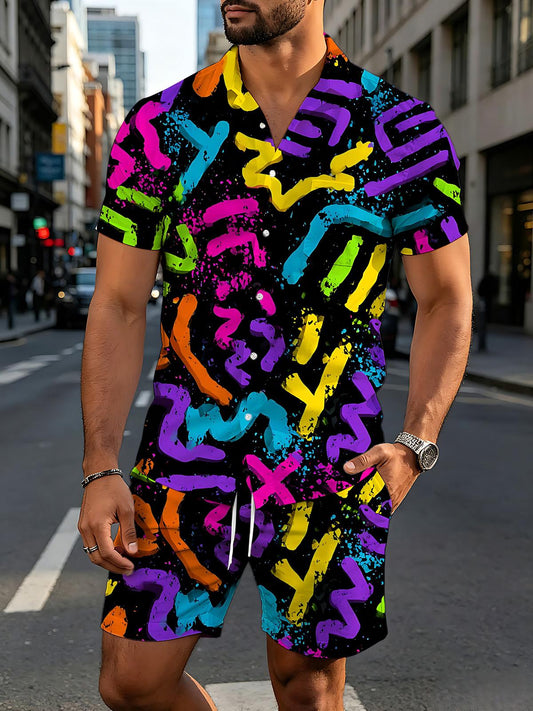 Colorful Abstract Line Print Men's Short Sleeve Pocket Shirts And Shorts Set